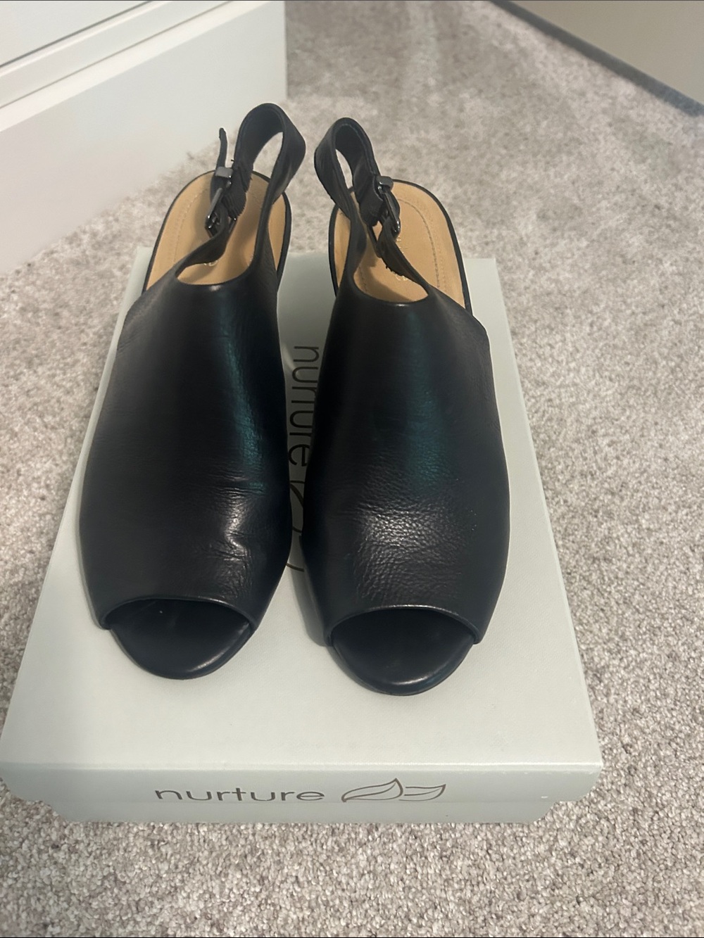 Nurture Black Leather Peep-Toe Slingback Mules
